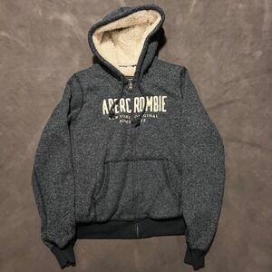 Vtg Abercrombie & Fitch Spellout Grey Sherpa Lined Hoodie Size Large Preppy Y2K